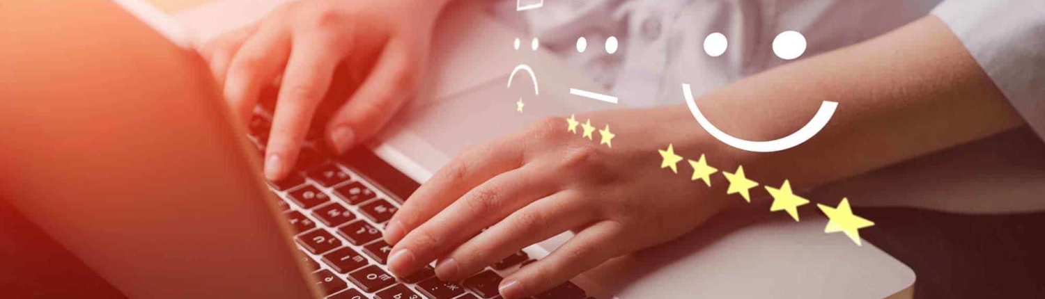 Woman giving reviews on laptop