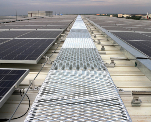 Large commercial roof with solar panels