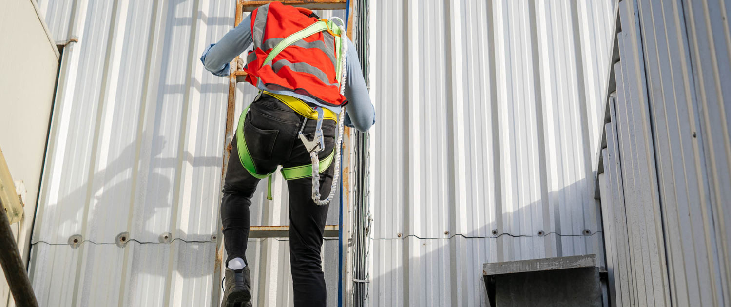 Person climbing ladder for roof inspection