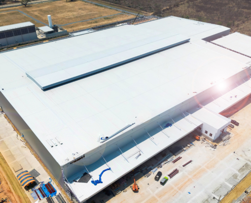 High angle view architectural detail of metal roofing on commercial construction